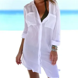 NEW Long Sleeve Button-Down Beach Shirt Cover Up with Pocket for Women - One Size - White