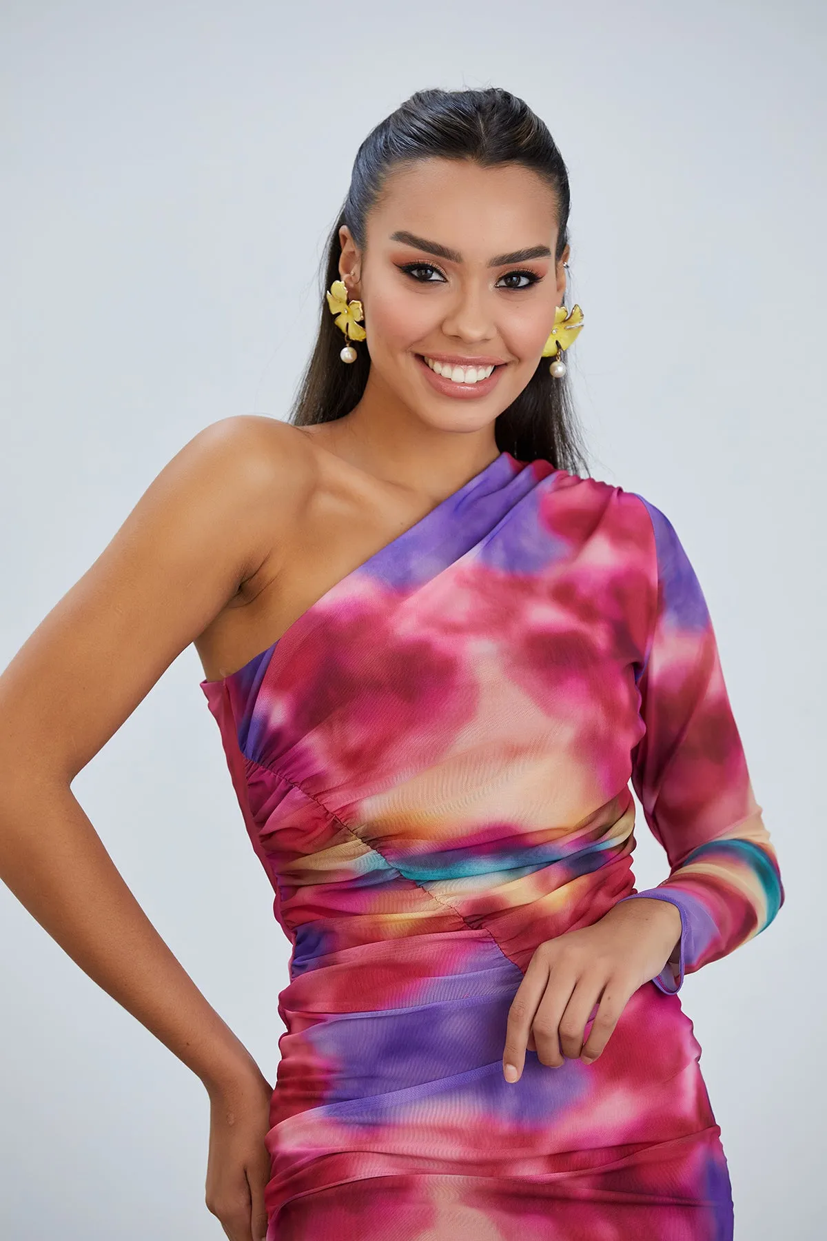 One Shoulder Mesh Midi Dress
