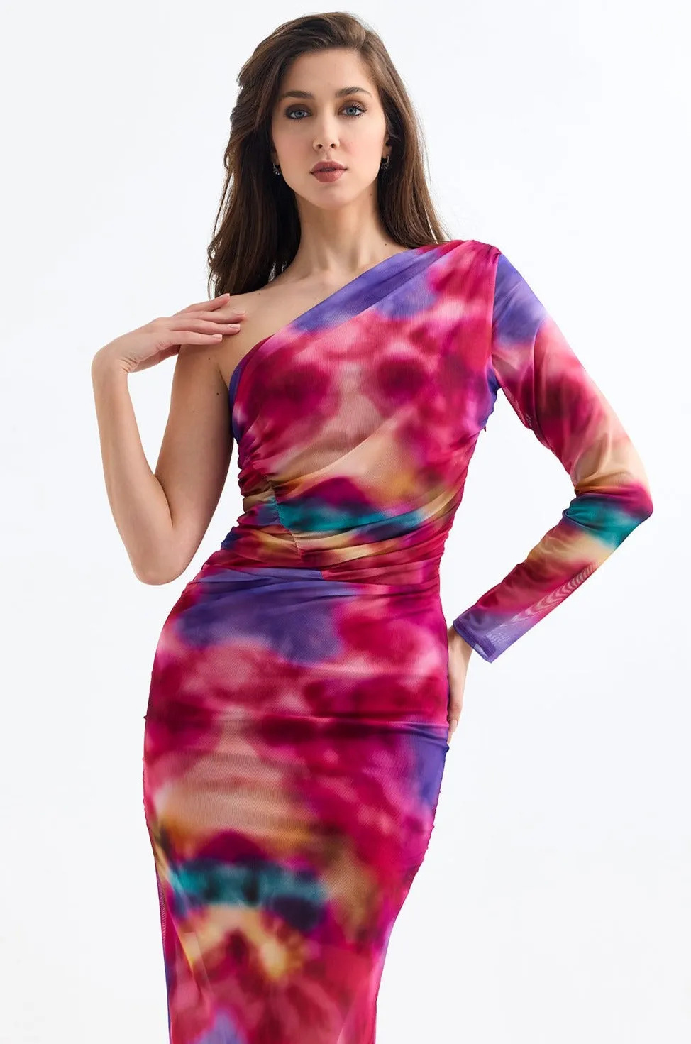 One Shoulder Mesh Midi Dress
