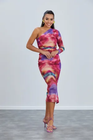 One Shoulder Mesh Midi Dress