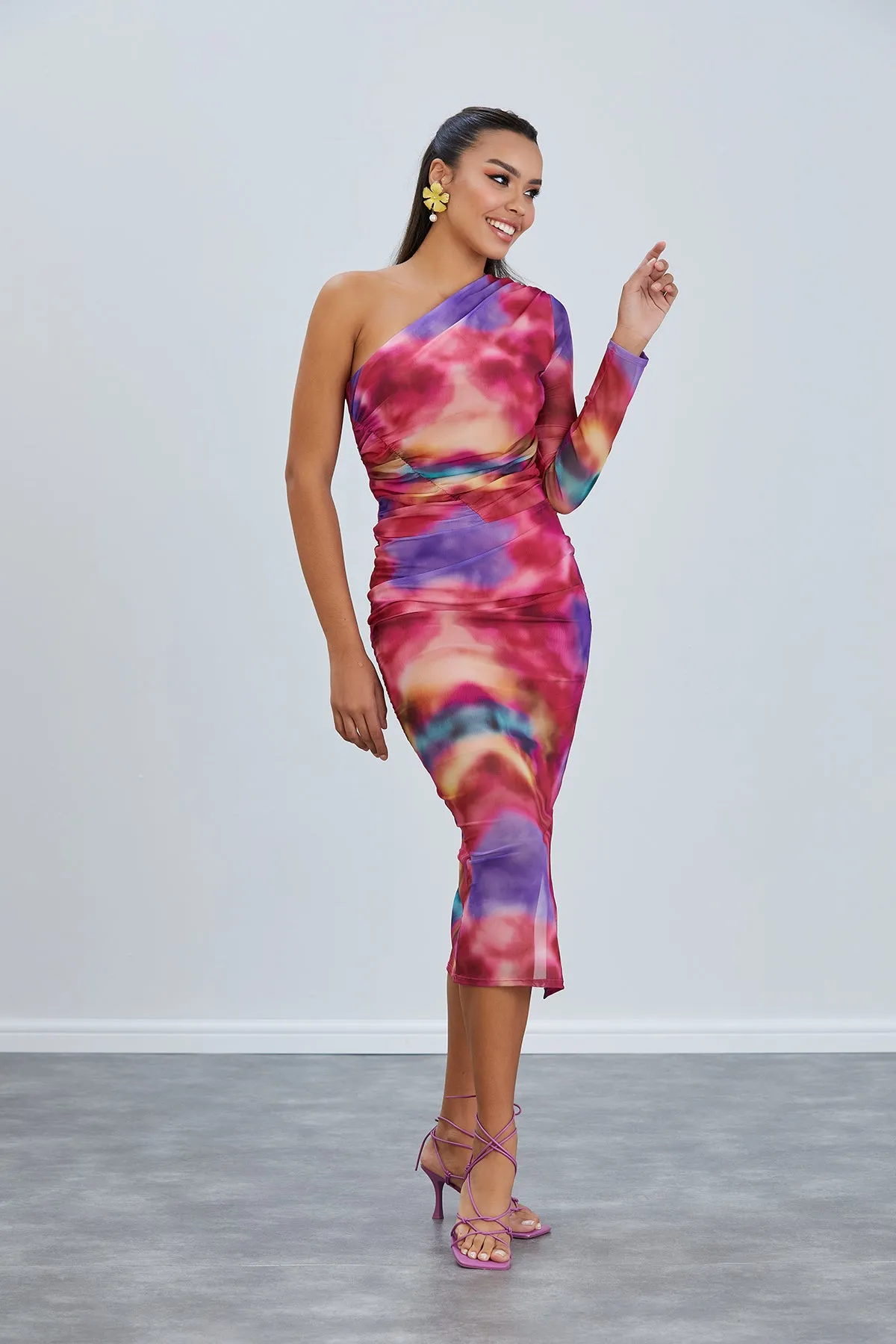 One Shoulder Mesh Midi Dress