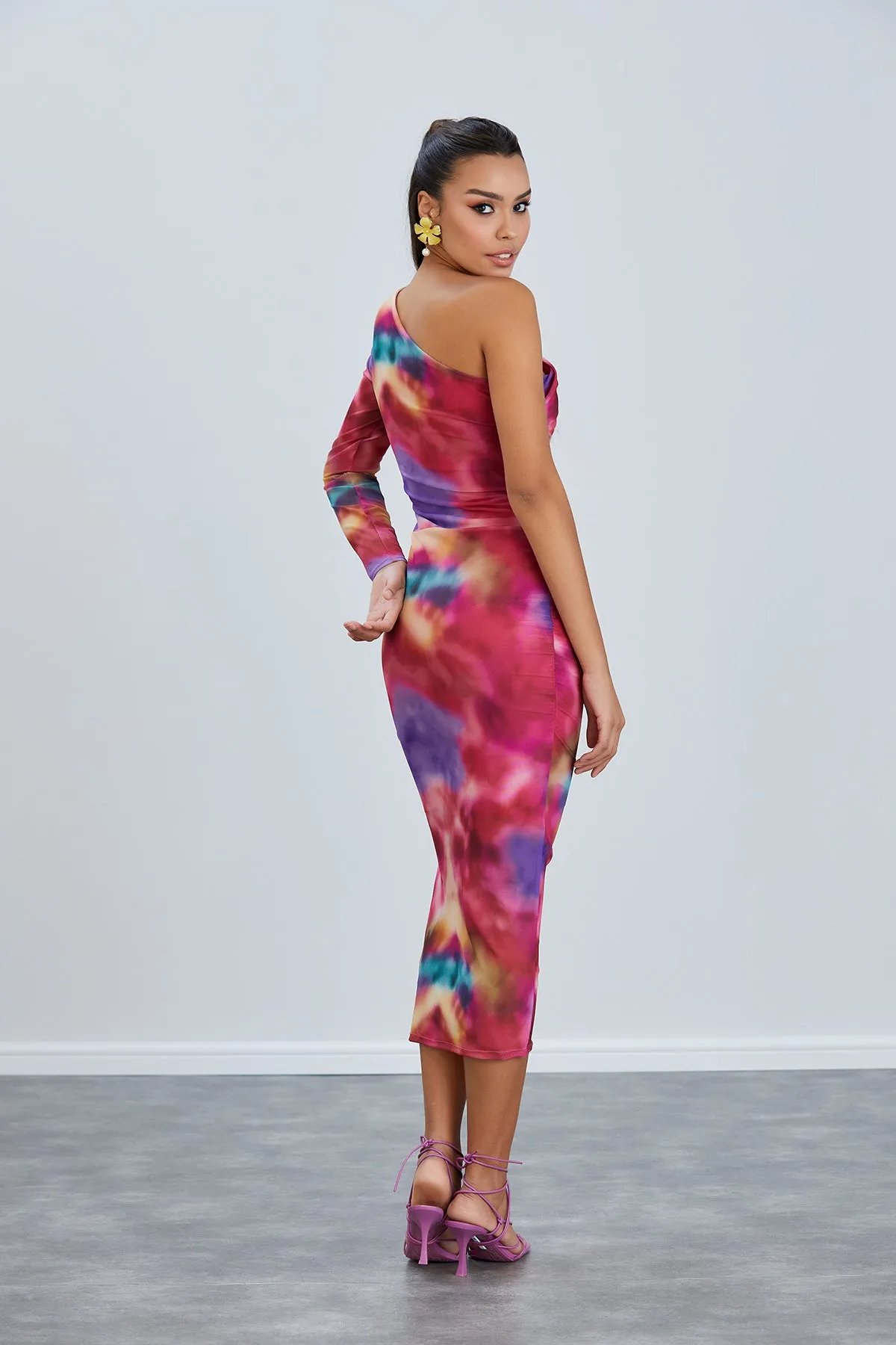 One Shoulder Mesh Midi Dress