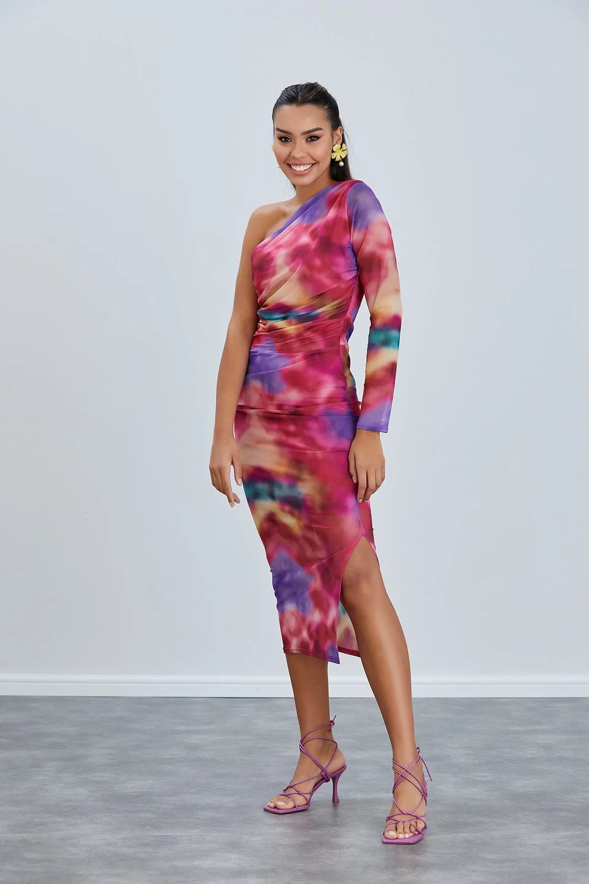 One Shoulder Mesh Midi Dress