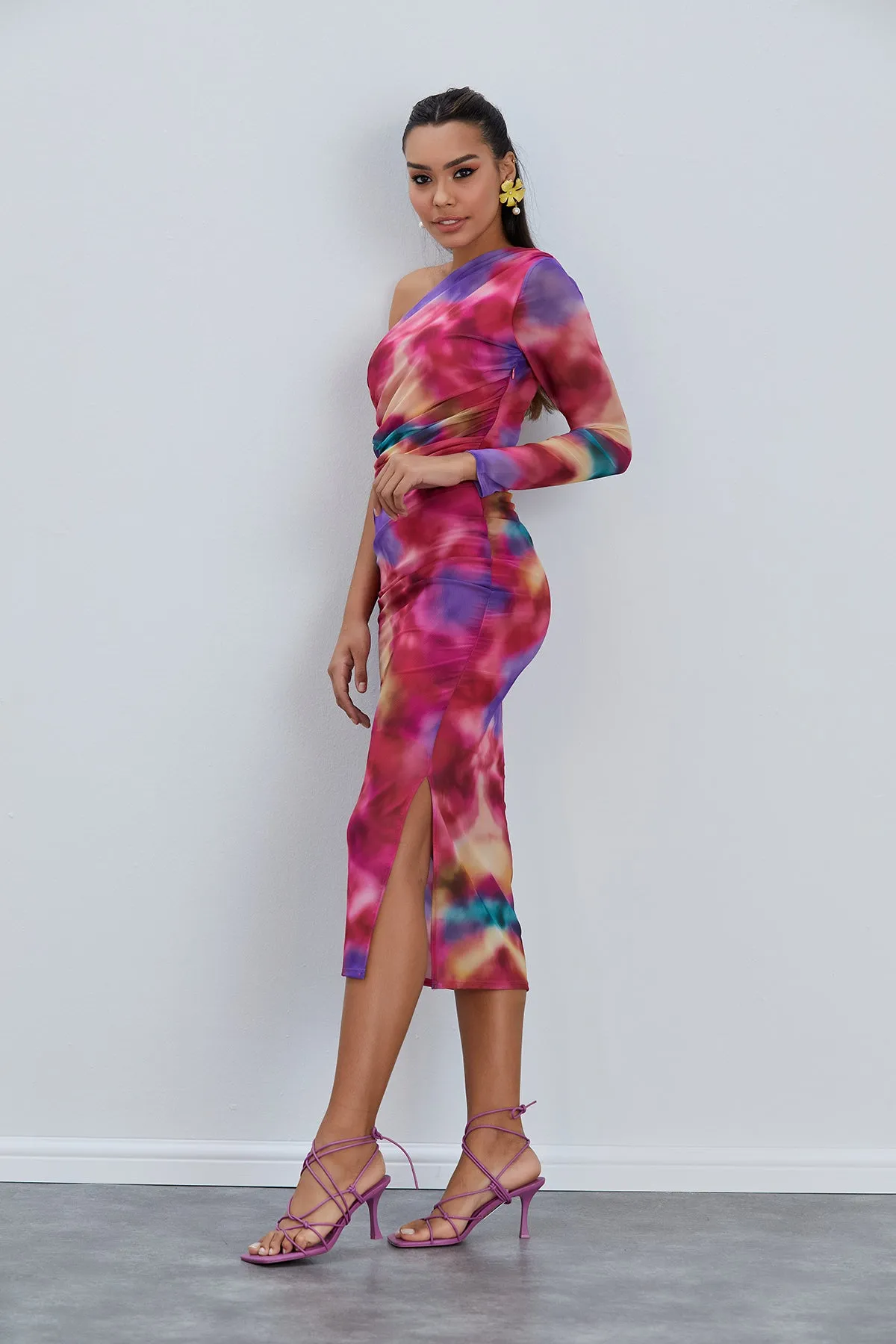 One Shoulder Mesh Midi Dress