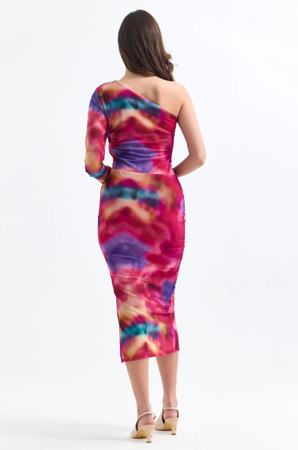 One Shoulder Mesh Midi Dress