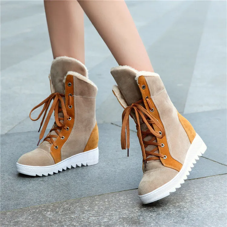 Patchwork Lace Up Inside Heels Short Warm Snow Boots