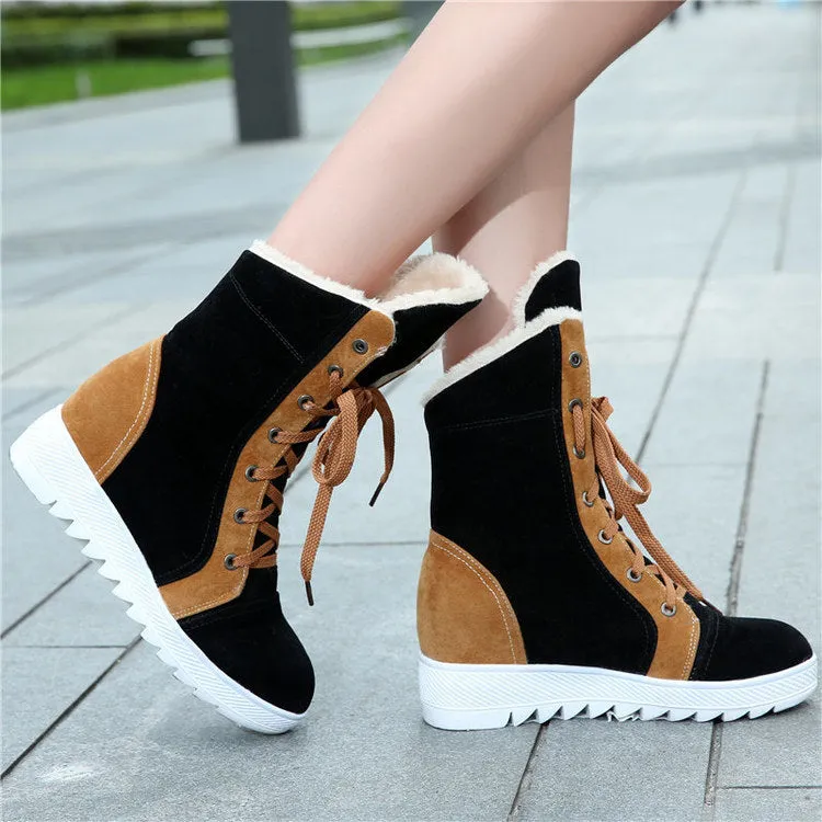 Patchwork Lace Up Inside Heels Short Warm Snow Boots