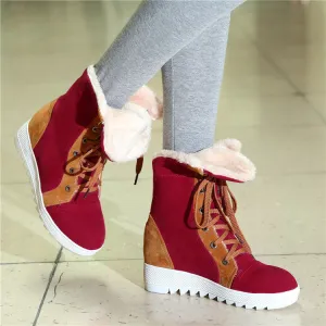 Patchwork Lace Up Inside Heels Short Warm Snow Boots