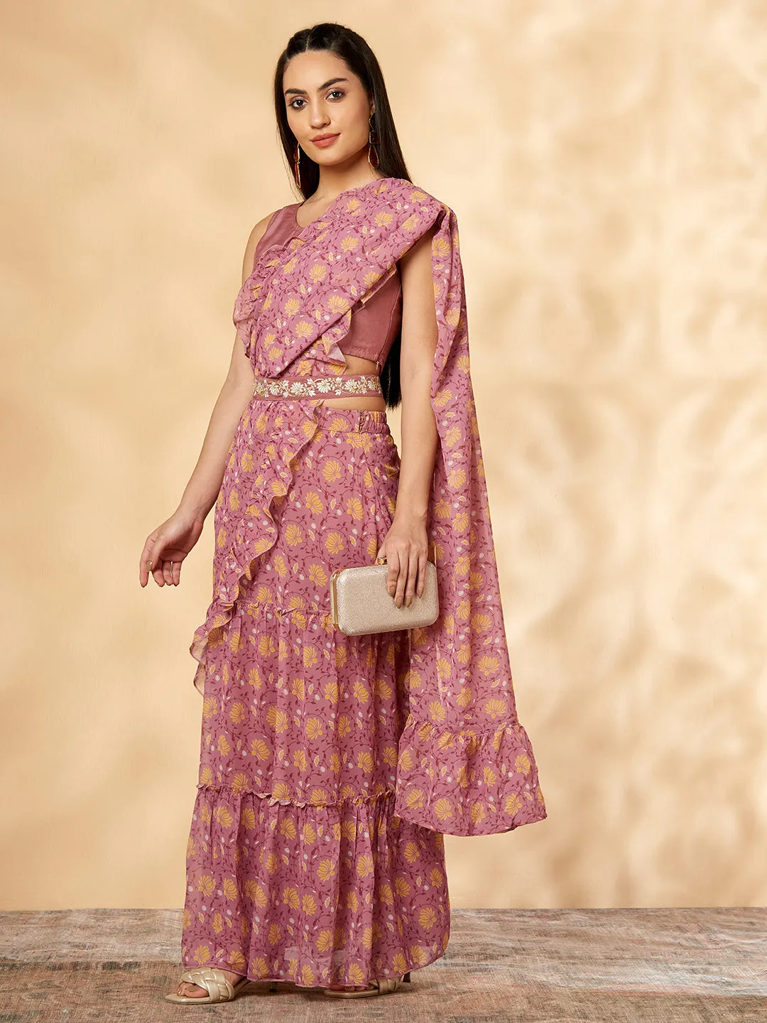 Pink Ruffled Lehenga- Sari