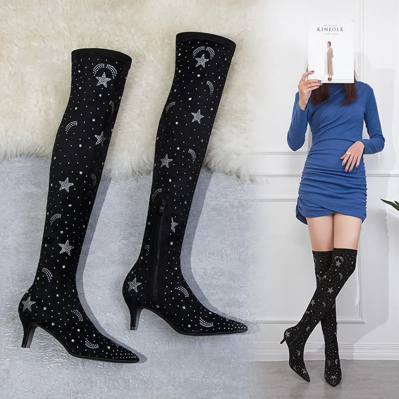 Pointed suede water drill Knee Boots