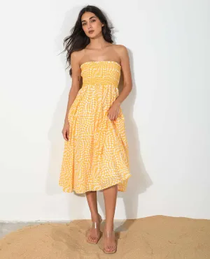 Rareism Women Daffodil Yellow Cotton Fabric Sleeveless Tube Neck Shoulder Straps Regular Fit Print Knee Length Dress