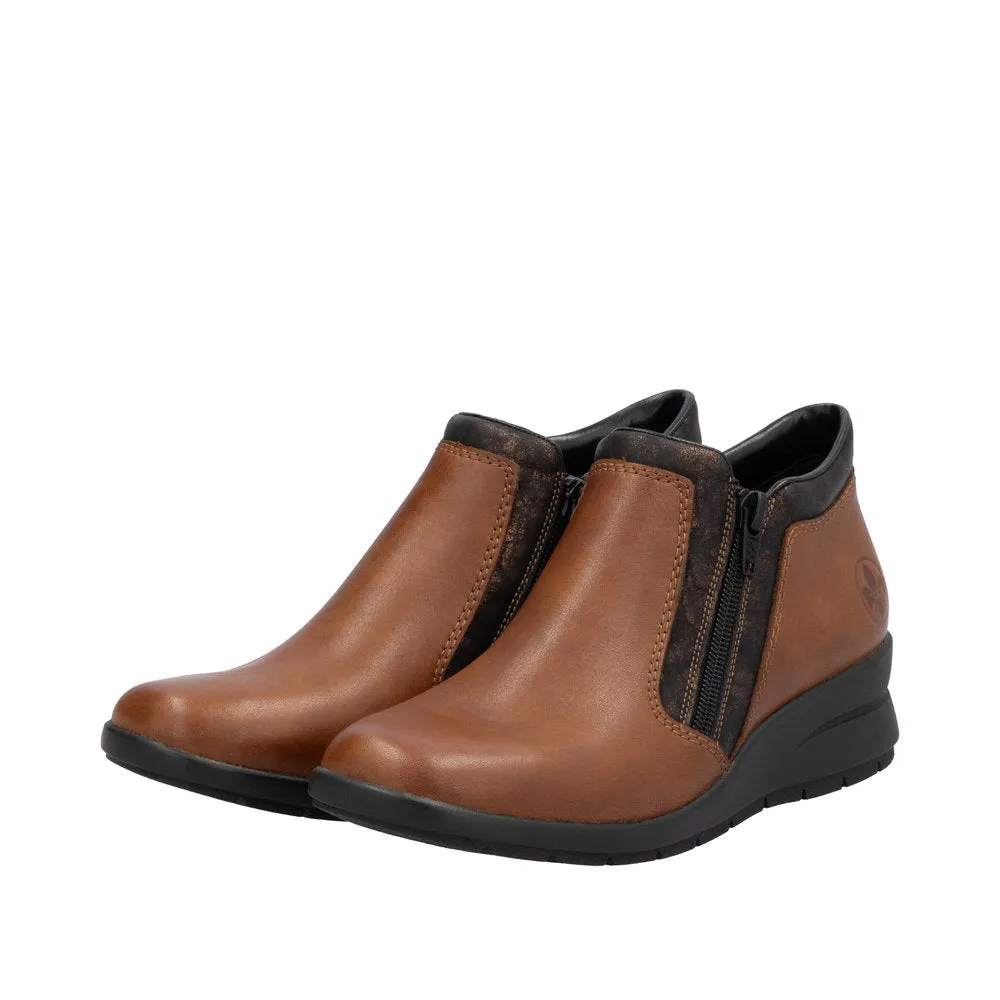 Rieker L4883-24 Ladies Brown Leather Twin Zip Ankle Boots