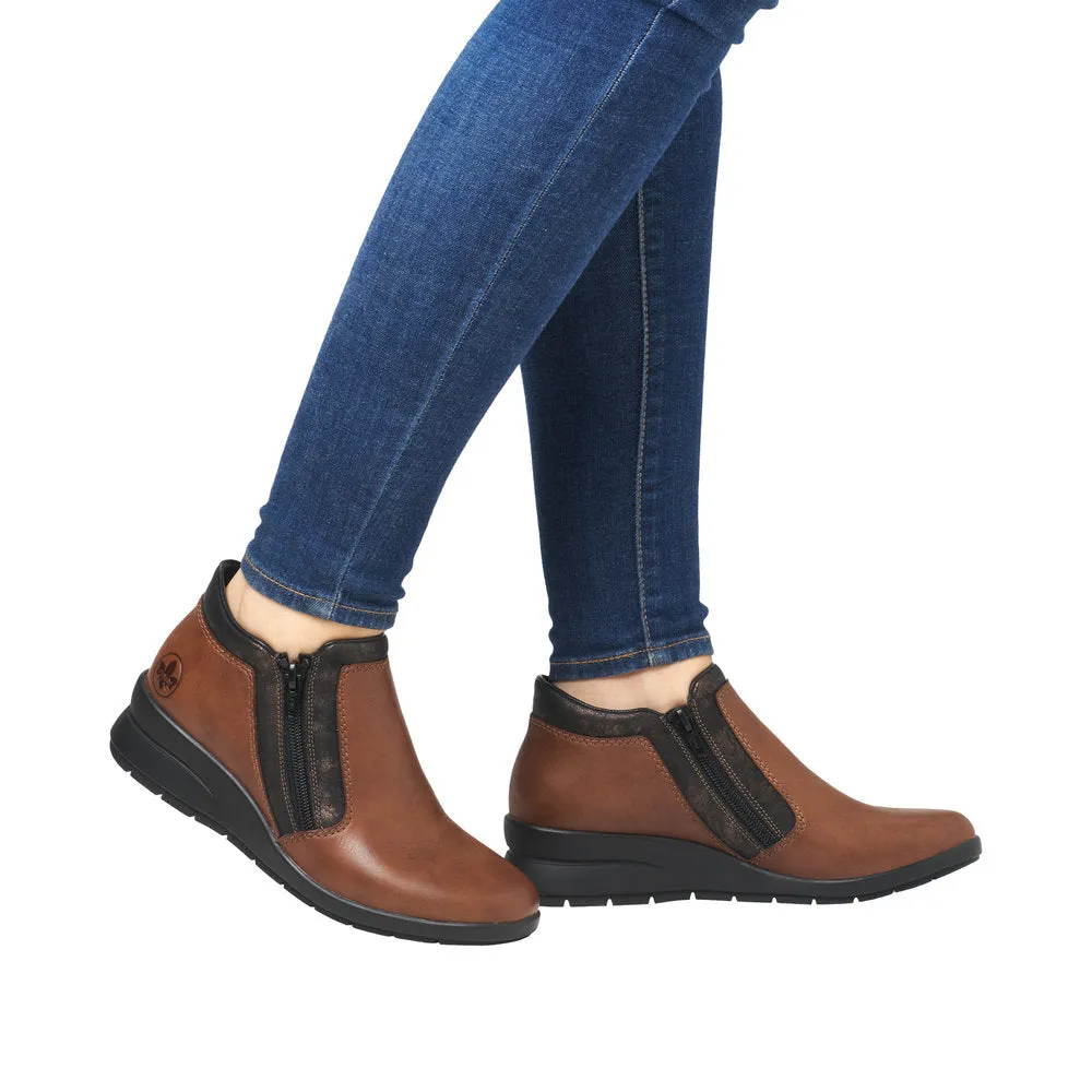 Rieker L4883-24 Ladies Brown Leather Twin Zip Ankle Boots