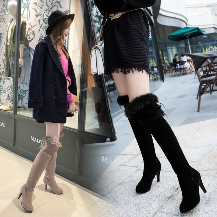 Round Toe Faux Fur Edge Middle Stiletto Heels Knee-length Long Boots