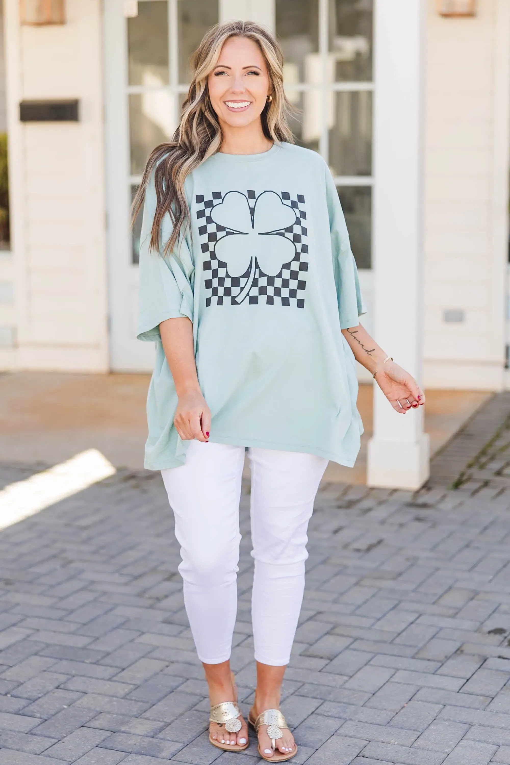 Shamrock and Roll Boyfriend Tee, Dusty Green