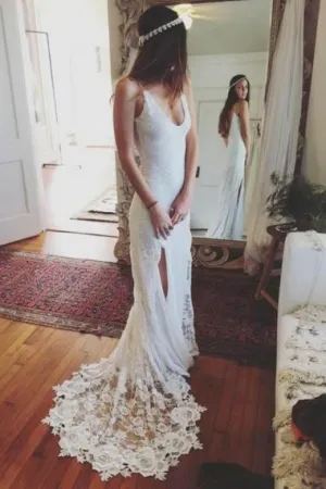 Sheath Spaghetti Straps Sweep Train Split-Side Backless Ivory Lace Wedding Dress AHC588