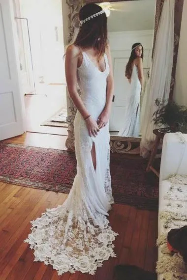 Sheath Spaghetti Straps Sweep Train Split-Side Backless Ivory Lace Wedding Dress AHC588