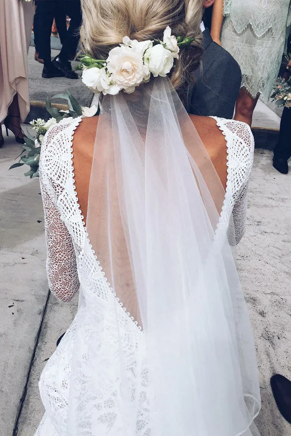 Sheath V-Neck Long Sleeves Court train Backless Ivory Lace Wedding Dress AHC589