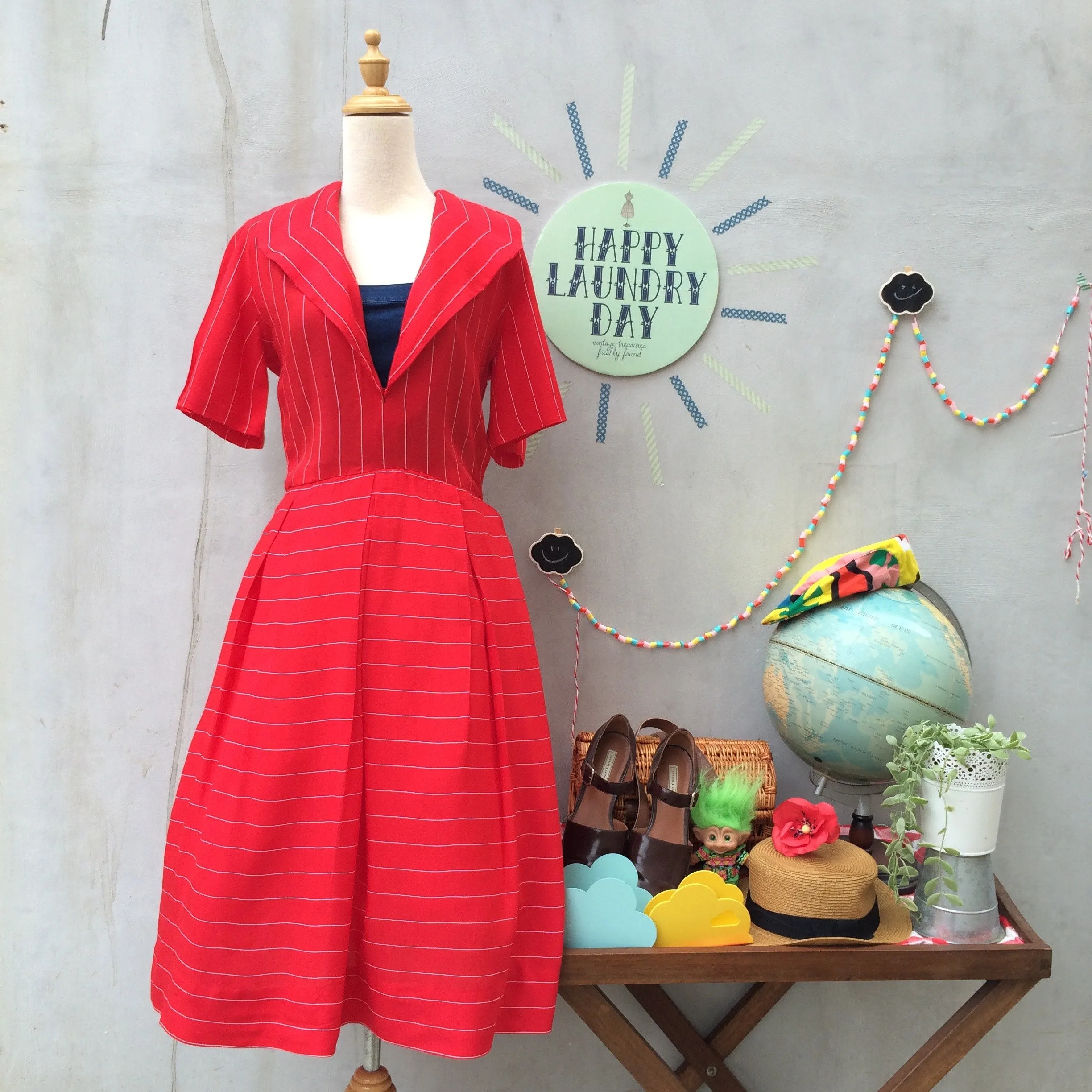 Simply Red | Vintage Homemade Handmade pinstripe Nautical wide-collar Red Dress