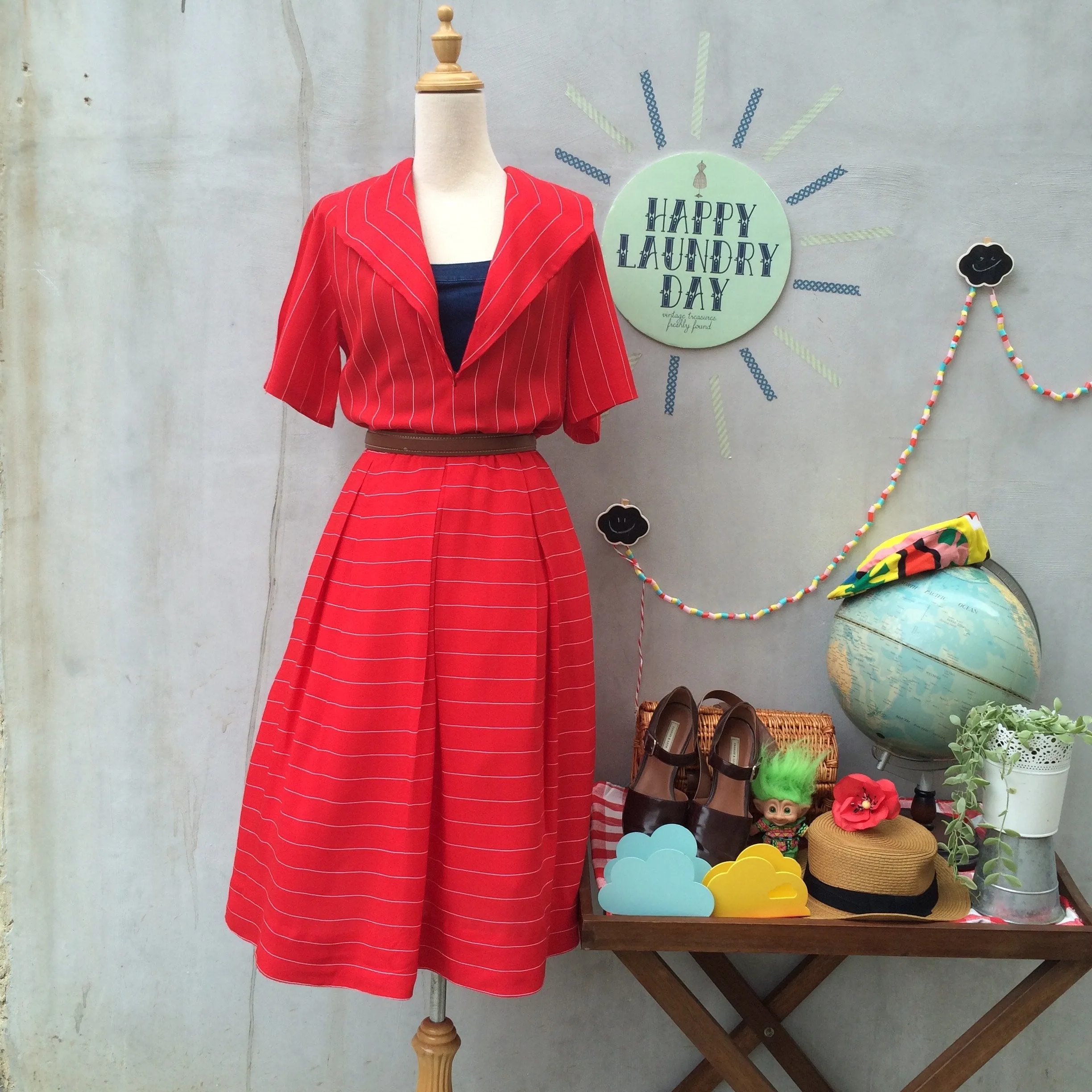 Simply Red | Vintage Homemade Handmade pinstripe Nautical wide-collar Red Dress