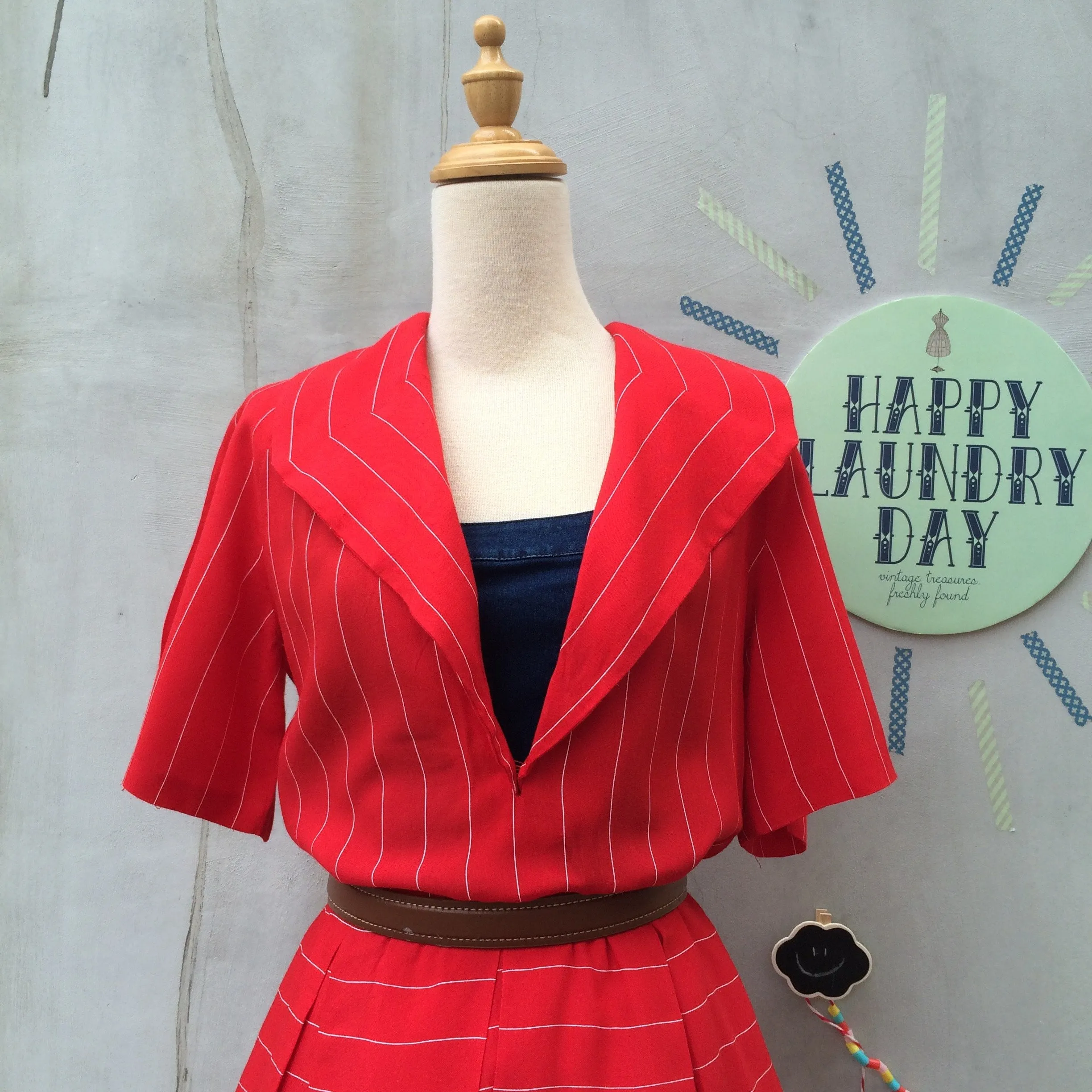Simply Red | Vintage Homemade Handmade pinstripe Nautical wide-collar Red Dress