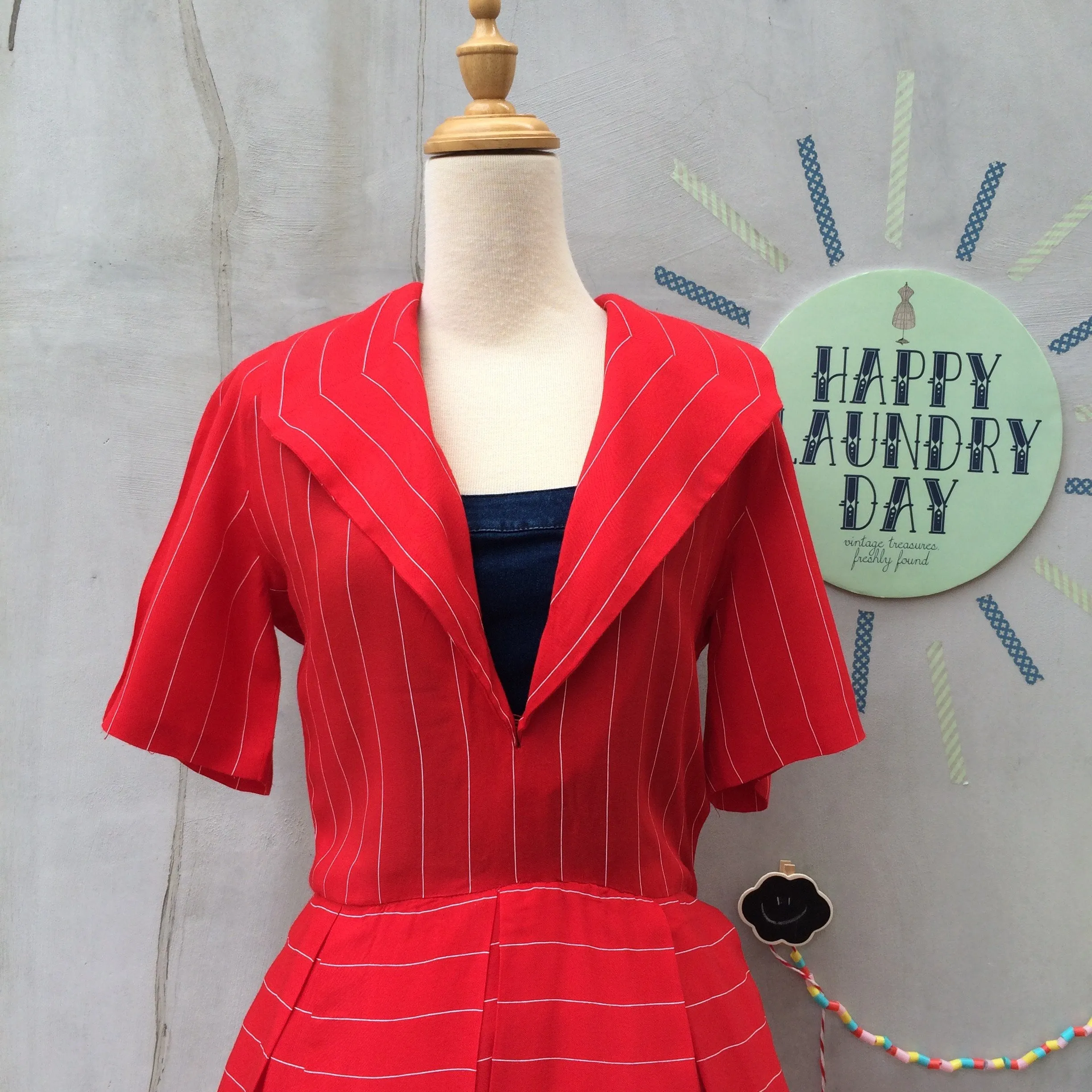 Simply Red | Vintage Homemade Handmade pinstripe Nautical wide-collar Red Dress
