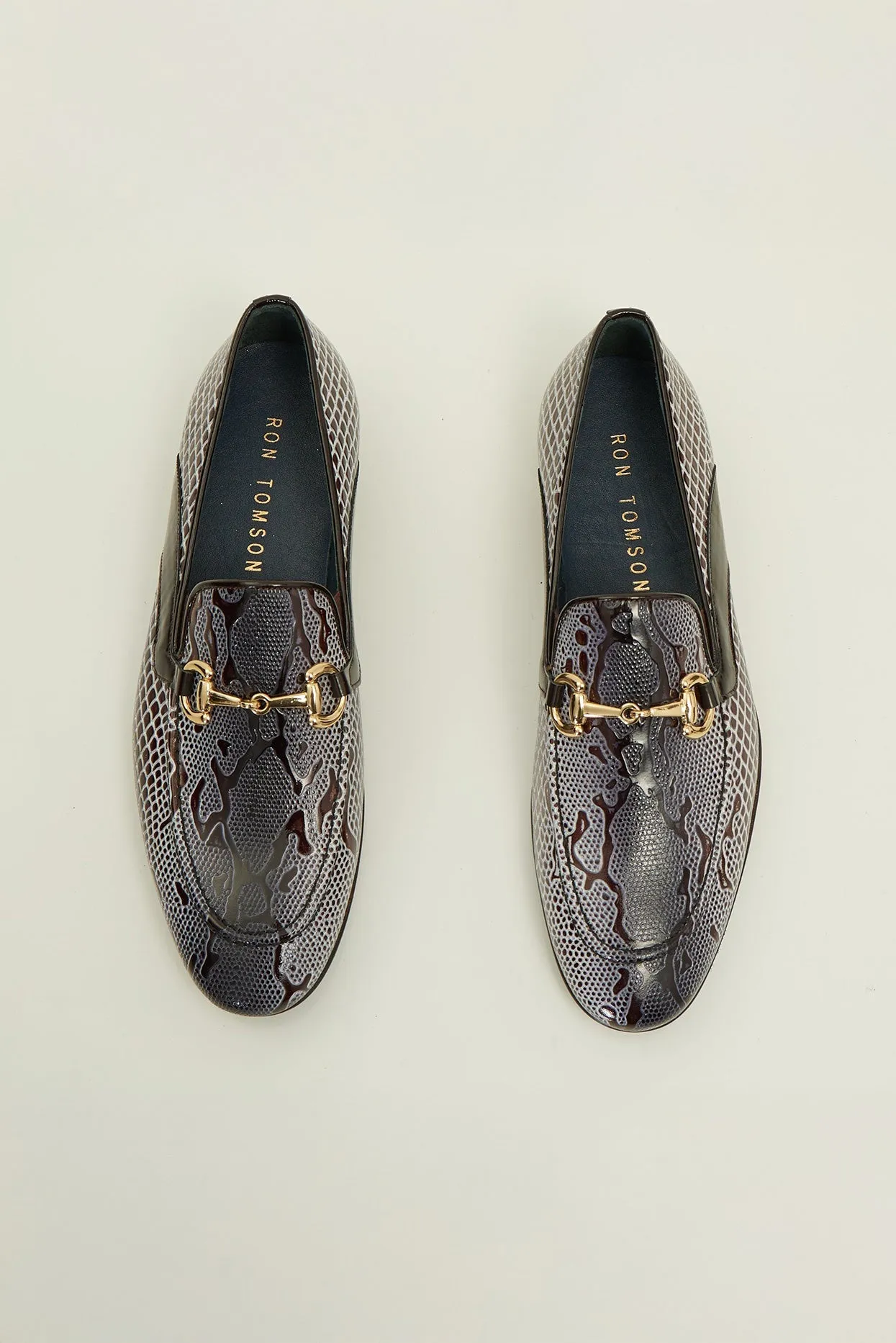 Snake Embossed Leather And Gold Metal Bit Loafer - Brown Beige