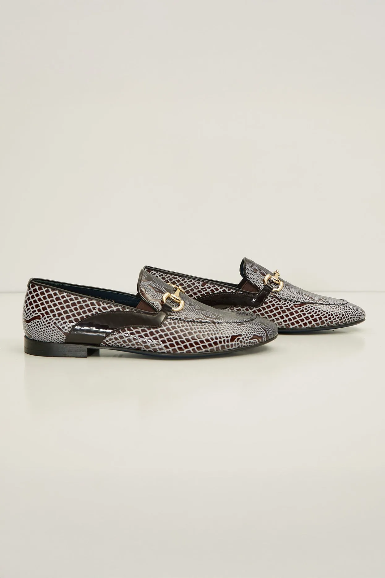 Snake Embossed Leather And Gold Metal Bit Loafer - Brown Beige