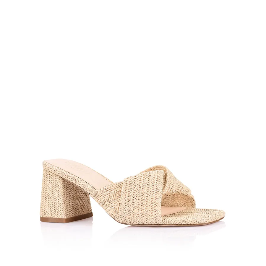 Stella Block Heel Mules - Natural Raffia