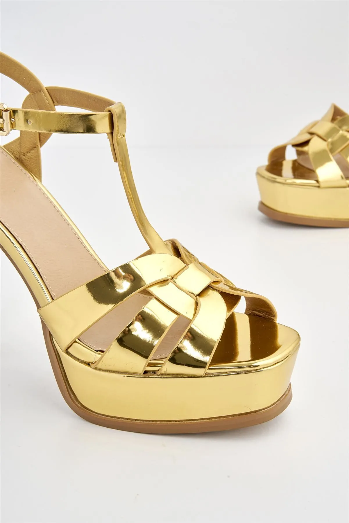 Tani High Platform T-Bar Sandals in Gold