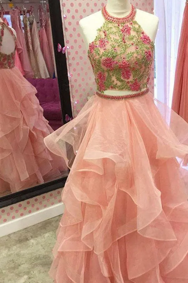Two Piece Jewel Floor-Length Pink Tulle Ruffles Prom Dress with Appliques Beading LR397