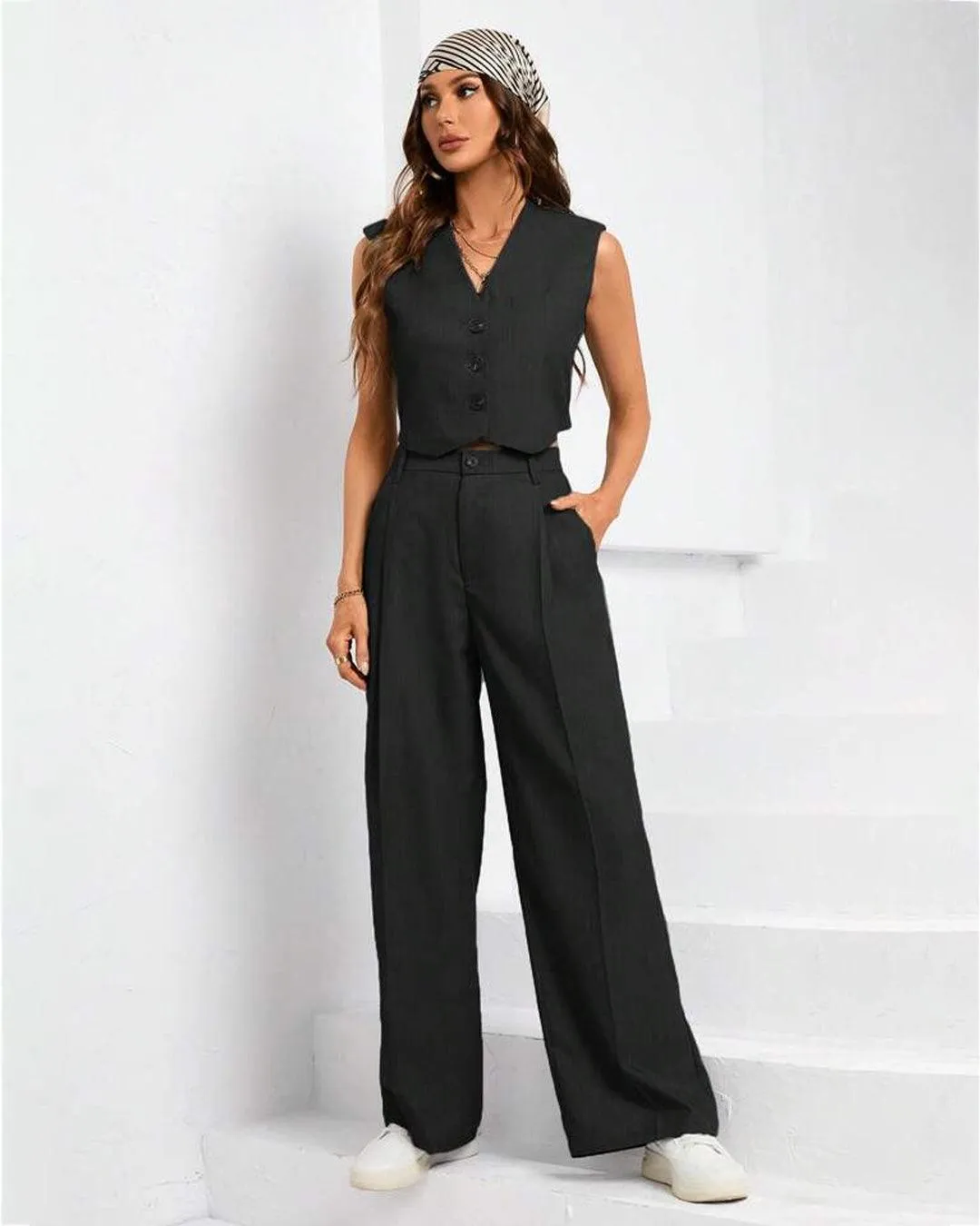 Two Piece Tailored Suit Pants With Vest Coat In Black