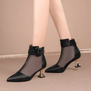 Vintage Pointed Toe Ankle Shoes with Elegant Floral Accent