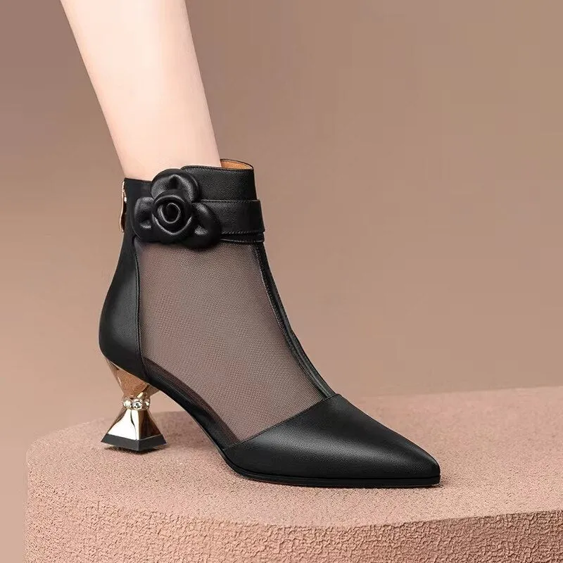 Vintage Pointed Toe Ankle Shoes with Elegant Floral Accent