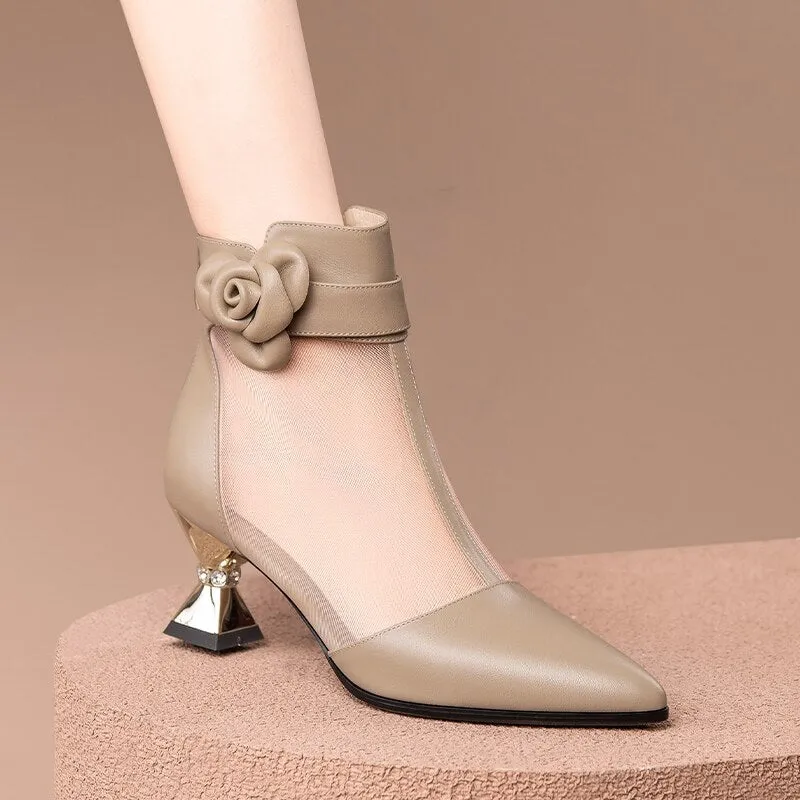 Vintage Pointed Toe Ankle Shoes with Elegant Floral Accent