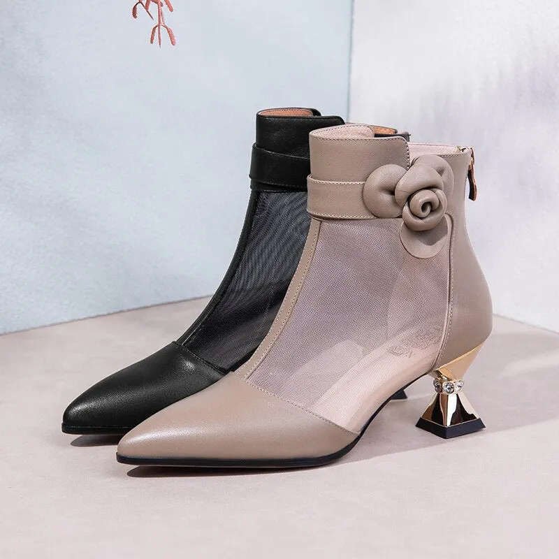 Vintage Pointed Toe Ankle Shoes with Elegant Floral Accent