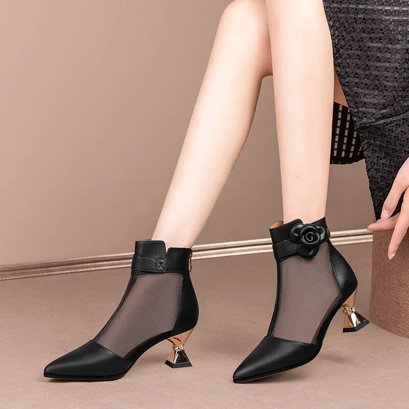 Vintage Pointed Toe Ankle Shoes with Elegant Floral Accent