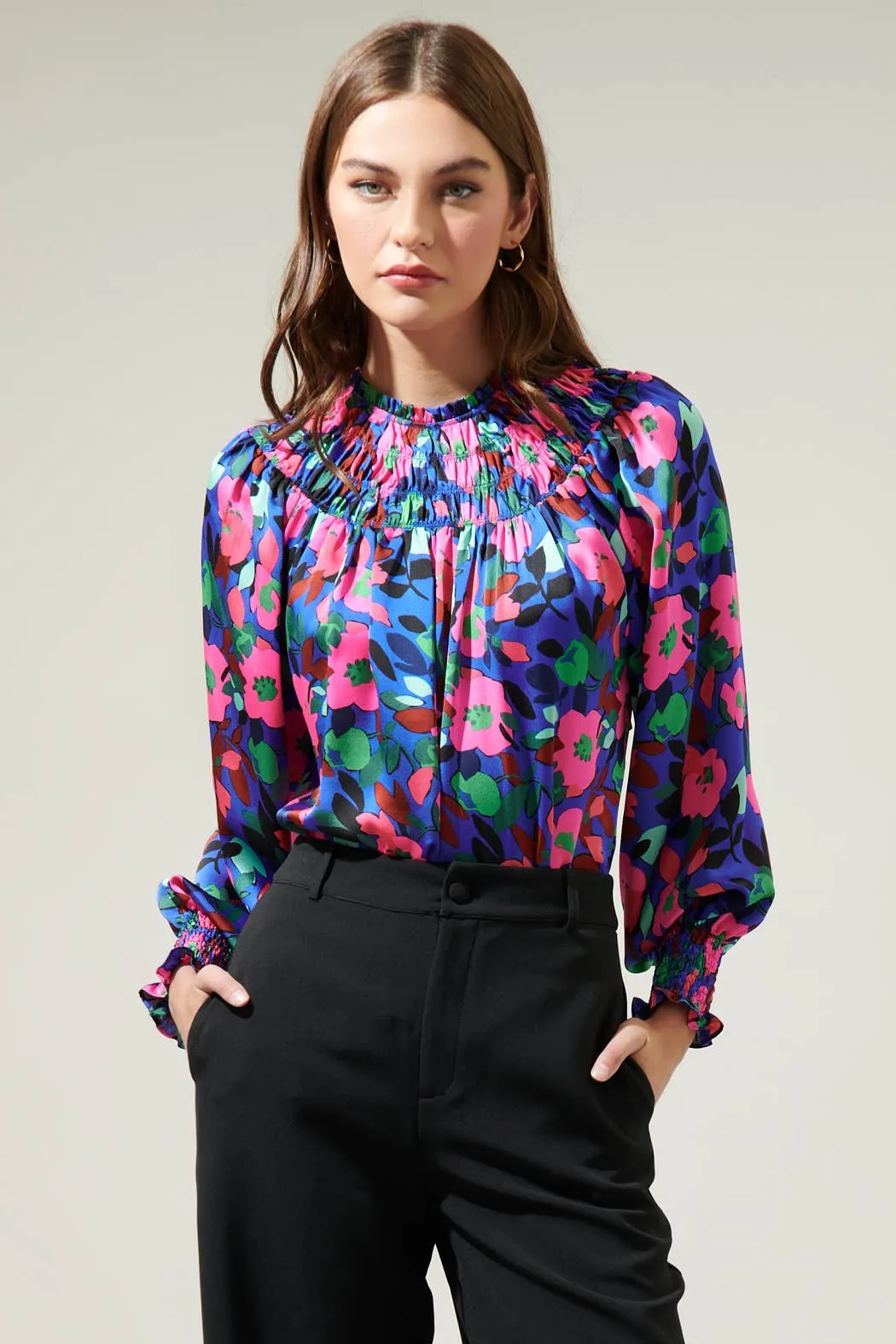 Vivi Berry Floral Bonsoir Smocked Raglan Sleeve Blouse-Sugarlips