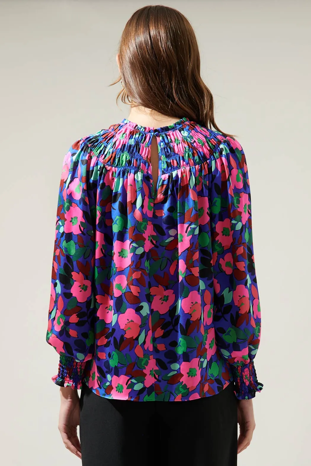 Vivi Berry Floral Bonsoir Smocked Raglan Sleeve Blouse-Sugarlips