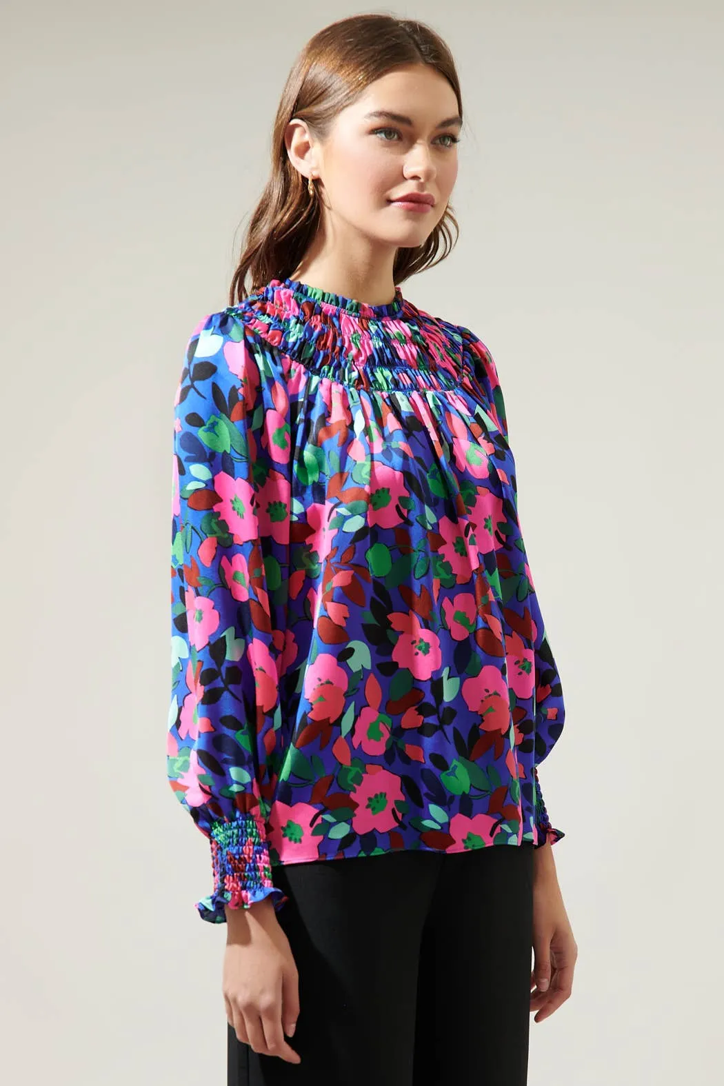 Vivi Berry Floral Bonsoir Smocked Raglan Sleeve Blouse-Sugarlips