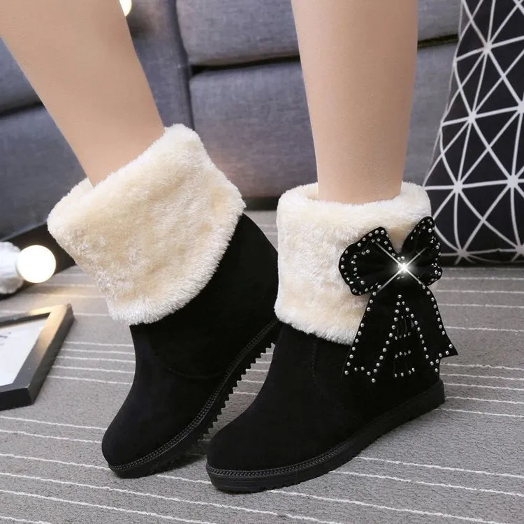 Warm Faux Fur Velvet Inside Wedge Bowknot Crystal Short Snow Boots