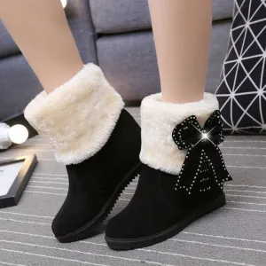 Warm Faux Fur Velvet Inside Wedge Bowknot Crystal Short Snow Boots