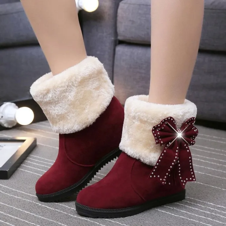 Warm Faux Fur Velvet Inside Wedge Bowknot Crystal Short Snow Boots