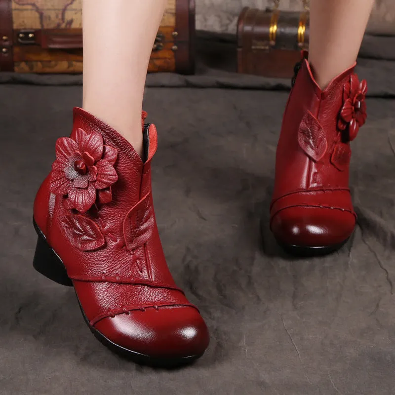 Warm Flower Retro Hand Made Real Leather Low Chunky Heel Ankle Boots
