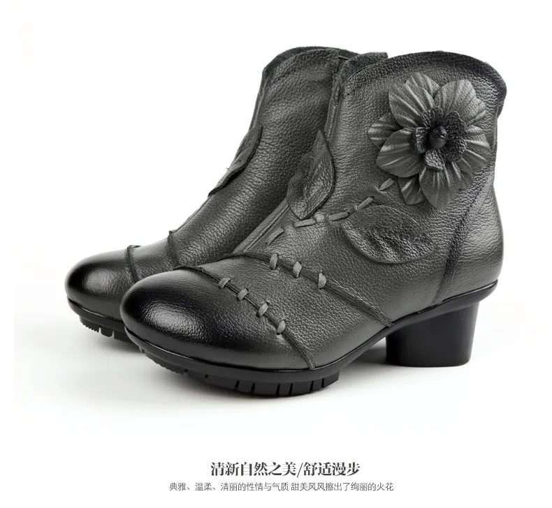 Warm Flower Retro Hand Made Real Leather Low Chunky Heel Ankle Boots
