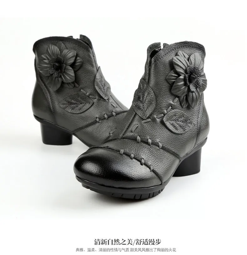 Warm Flower Retro Hand Made Real Leather Low Chunky Heel Ankle Boots