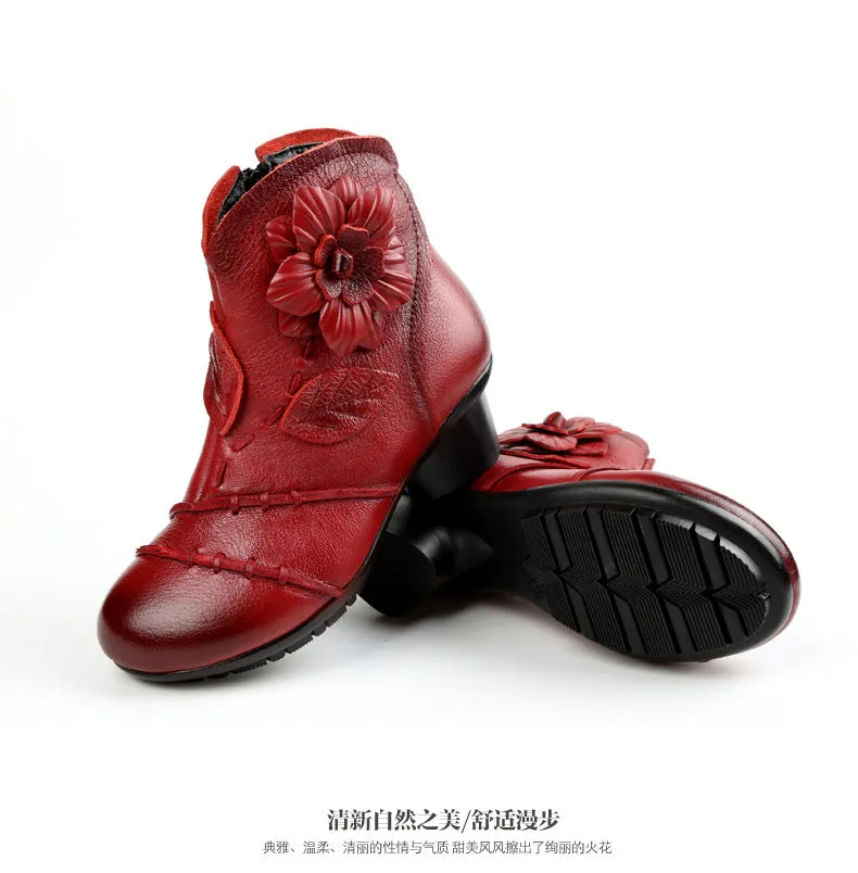 Warm Flower Retro Hand Made Real Leather Low Chunky Heel Ankle Boots