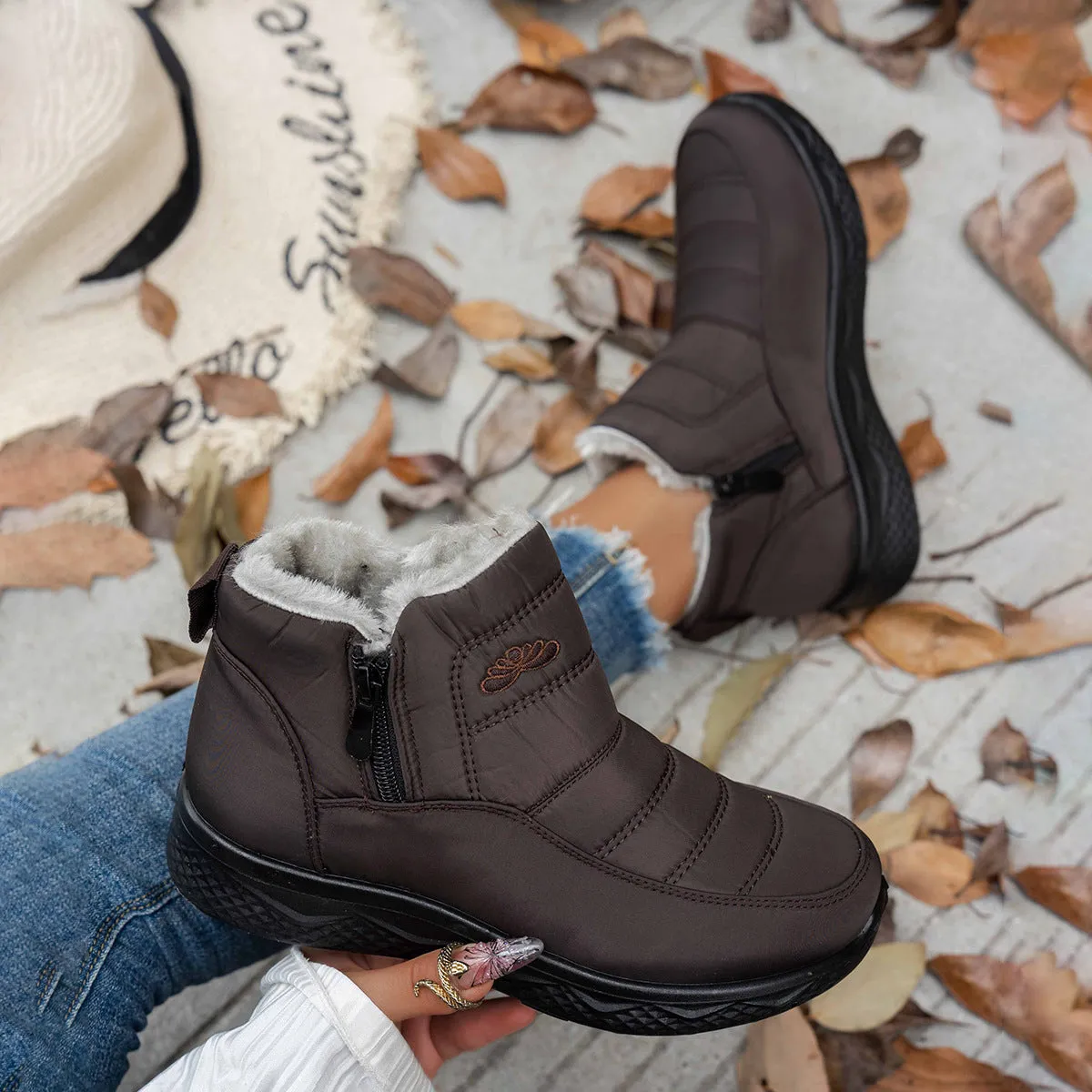 Winter Snow Boots with Zipper, Warm Plush Fleece Ankle Boots