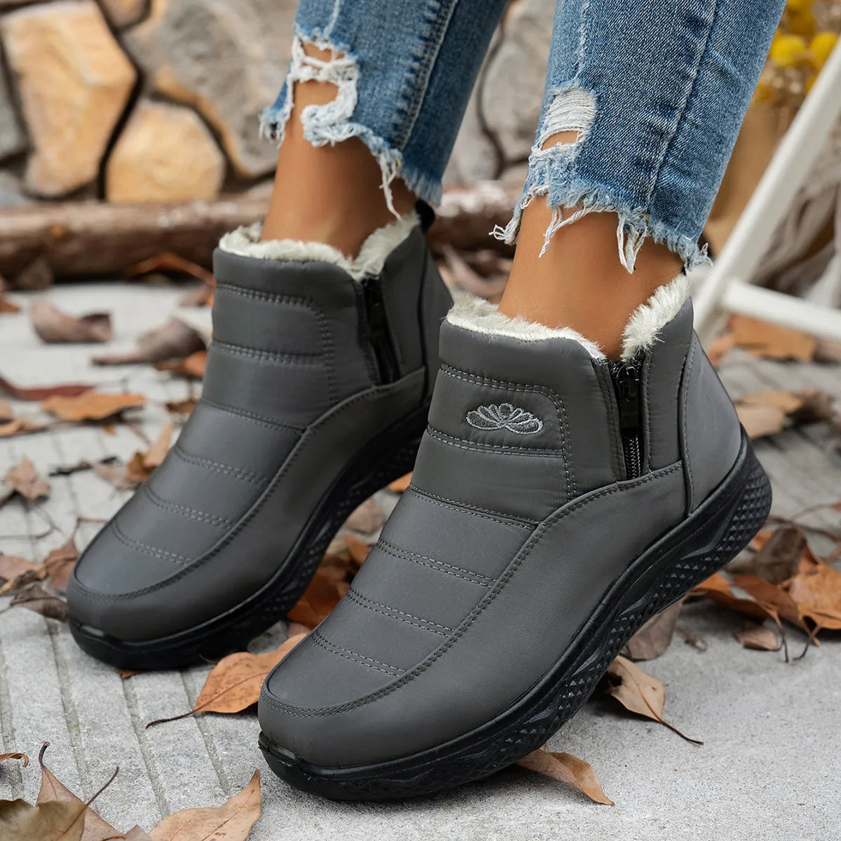 Winter Snow Boots with Zipper, Warm Plush Fleece Ankle Boots