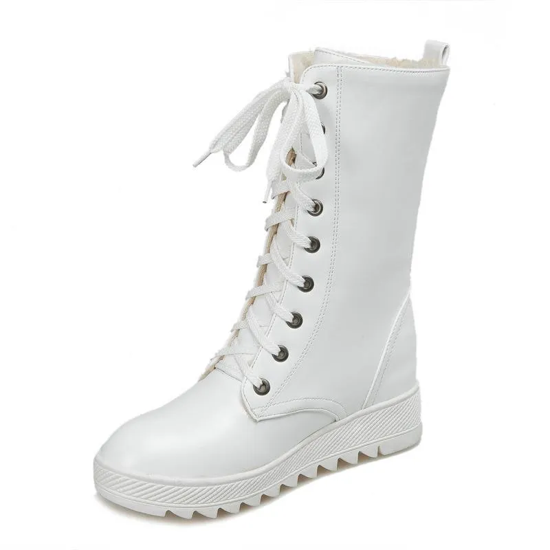Women mid calf boots lace up non slip chunky platform boots